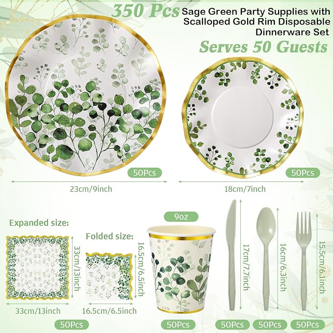 Ziliny 350 Pcs Sage Green Party Supplies Tableware Set Disposable 9'' 7'' Paper Plates 9 oz Cups Cutlery Napkins Dinnerware Set for Wedding, Bridal Birthday Serve 50 (Sage, Green, Gold)