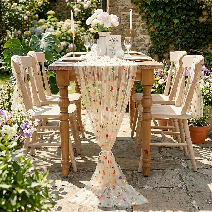 QueenDream 3 Packs Champagne Table Runner Sheer Tulle Gauze Embroidery Daisy Table Runner Fabric for Wedding Home Party Holiday Table Decortaions