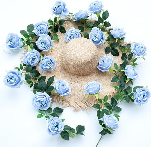 Bendable Artificial Flower Garland Faux Rose Vine Hanging Floral Garland for Wall Decor Trellis Fence Home Room Garden Wedding Decoration(Blue, 1pcs)