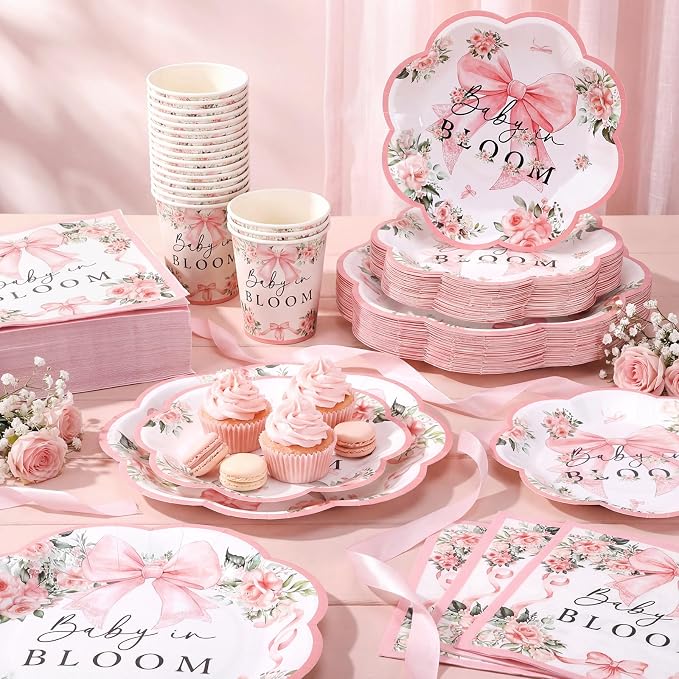 Newtay 250 Pcs Baby in Bloom Baby Shower Party Decorations Pink Bow Flower Disposable Plates and Napkins Birthday Tableware for 50 Guests Paper Plates Napkins Cups for Party Supplies