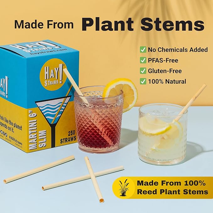 Hay Straws 6 inch Compostable Drinking Straw Eco Friendly, 250 Count Biodegradable Straw, Disposable for Lowball Drinks, Cocktails, Sturdy Plant-Stem Straws, No Paper, Plastic-Free (5–6.5mm)