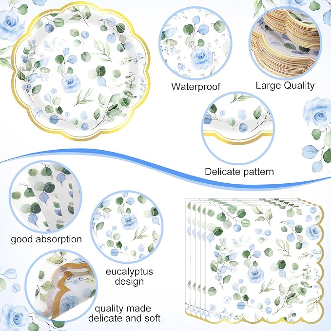 400 Pcs Sage Green Color Party Supplies Serve 50 Guests Eucalyptus Flowers Disposable Paper Plates Napkins and Cups for Bridal Baby Shower Birthday Wedding Party Decorations(Blue,Chic)