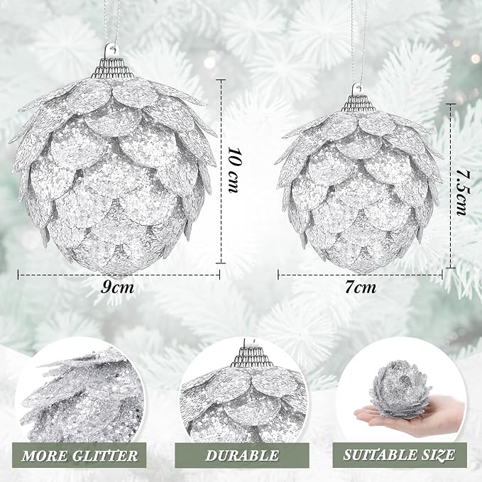 Sratte 8 Pcs Valentine Ball Ornaments Artificial Pinecone Hanging Ornaments Glitter Winter Faux Flower for Xmas Decor, 3.15/2.36 Inch(Silver)