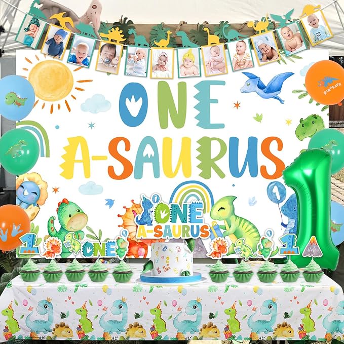 One a Saurus Birthday Decorations for Boys Dinosaur 1st Birthday Decoration with Dinosaur Birthday Photo Banner One a Saurus Birthday Backdrop, Cake Cupcake Toppers Dinosaur Bday Tablecloth