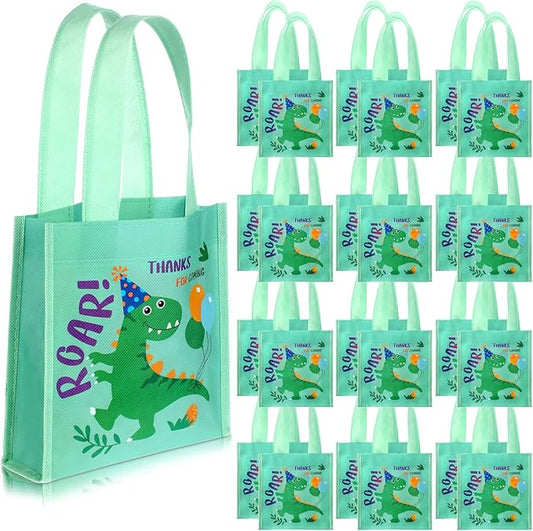 Kajaia 24 Pieces Small Dinosaur Party Favor Bags Dinosaur Gift Reusable Goody Candy Dino Non Woven Tote Treat Bags with Handles for Kids, 6.8 x 6.4 Inch(Lively Style)