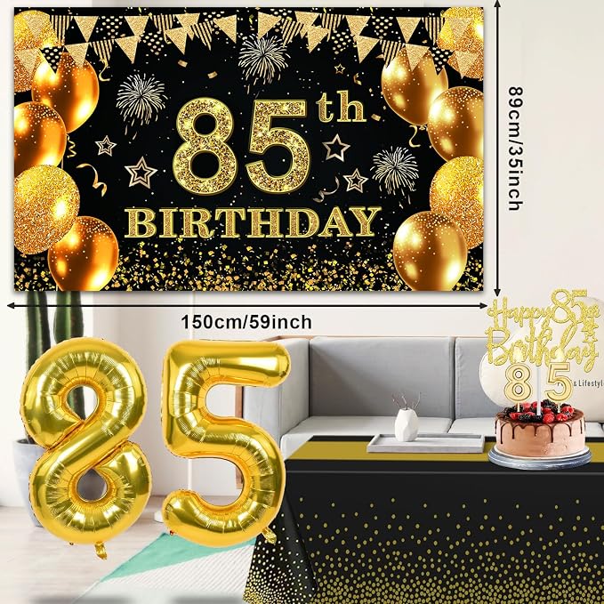 85th Birthday Decorations Men Women with 85th Birthday Banner, Black and Gold Table Cloth, Number Balloons, Sash, Cake Topper and Candles