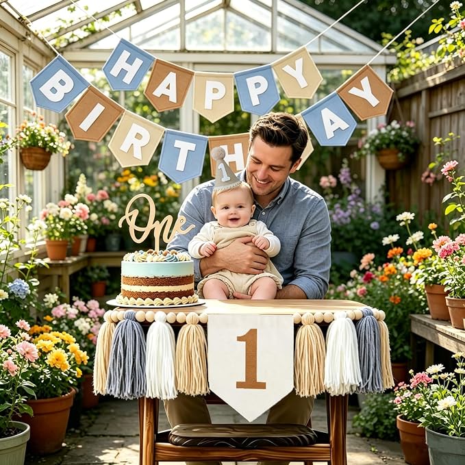 1st Birthday High Chair Banner Decorations - Neutral Felt Banner Set with Cake Topper & Party Hat, First Birthday Party Supplies