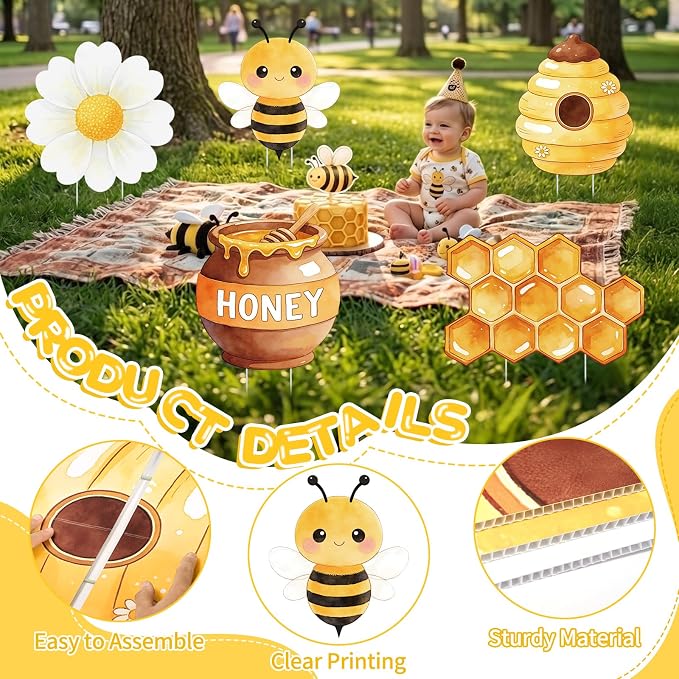 5PCS Bee Party Decorations, What Will Baby Bee Gender Reveal Decorations, Corrugated Plastic Honeybee Cardboard Cutouts for First Bee Day Birthday Party Baby Shower Photo Props Centerpieces