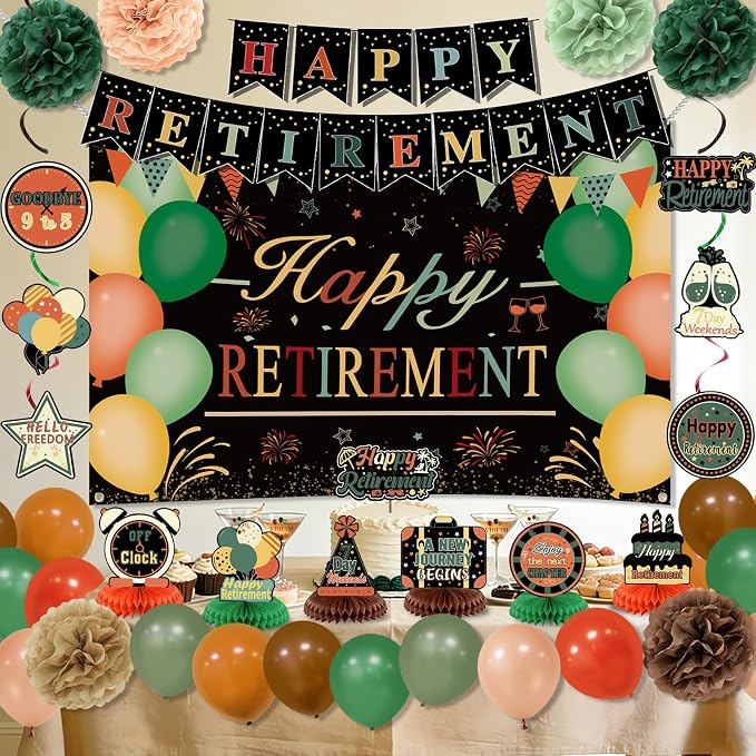 Retirement Party Decorations for Men Women Vintage Happy Retirement Banner Backdrop Balloons Paper Pompoms Honeycomb Centerpiece Cake Topper Hanging Swirl Set