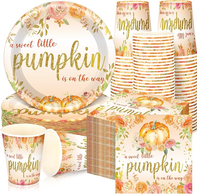 Hushee 200 Pcs Little Pumpkin Baby Shower Paper Plates Napkins Cups Baby Shower Party Supplies Tableware Set Yellow Disposable Cup Napkin for 50 Guest Autumn Thanksgiving Party Decoration