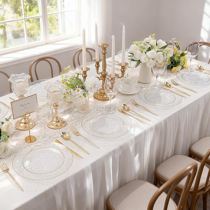 I00000 150Pcs Clear Plastic Plates with Gold Rim,Clear Disposable Plates with silverware,Gold hammer patterned plates Set include 30 Dinner Plate,30 Dessert Plate,90 Silverware Set for Party
