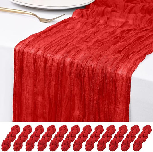 12 Pack Red Cheesecloth Table Runner 120 inch Fall Thanksgiving Boho Rustic Gauze Farmhouse 10FT Cheese Cloth Runner for Baby Shower Wedding Party Holiday Home Decor