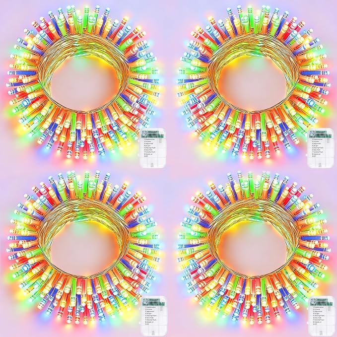 Pooqla 4 Pack String Lights Battery Operated, Total 66.6ft 200 LED Fairy Lights Indoor Outdoor Decorations, 8 Modes Colorful Battery Christmas Lights for Bedroom Classroom Porch Party Yard Decor
