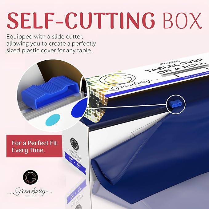 Grandipity Plastic Tablecloth Roll - 54in x 100 Ft. Navy Blue Plastic Table Cloths for Parties Disposable with Cutter Box - Cut to Size Disposable Tablecloth Table Cover for Rectangle & Round