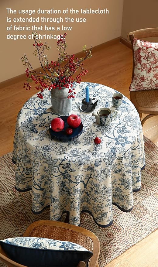 ISAENNE Designer Vintage Linen Round Tablecloth,Diameter 55"-Ruyi B | French Elegant Table Cloth for Round Table,Blue Floral Pattern,Durable,Heavyweight,Dining Room,Kitchen,Thanksgiving,Decor