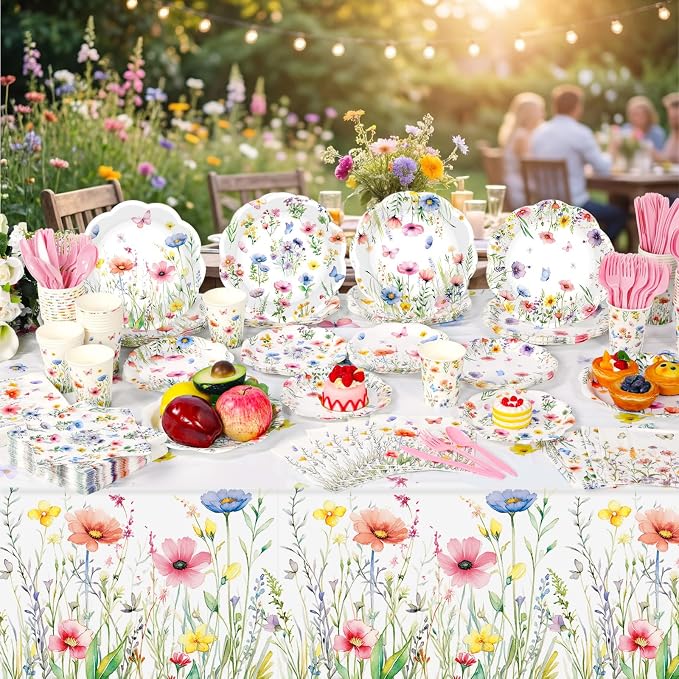 Ceenna 390 Pcs Wildflower Party Supplies for 48, Spring Floral Paper Plates Napkins Cups Tablecloth Cutlery Disposable Tableware Set for Tea Party Baby Shower Birthday Wedding Mother's Day Decoration