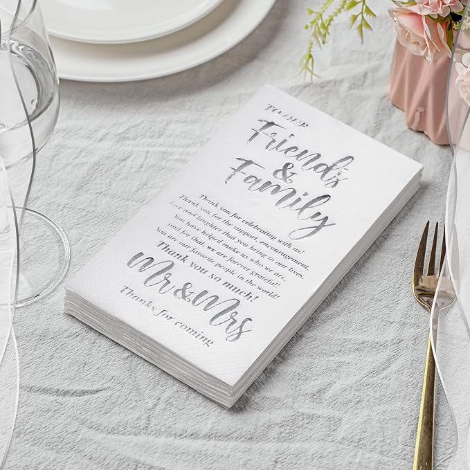 200 Pcs Wedding Napkins Mr & Mrs Dinner Napkins for Reception Disposable Decorative Towels for Wedding Shower Banquet Rehearsal Dinner Decor (Silver)
