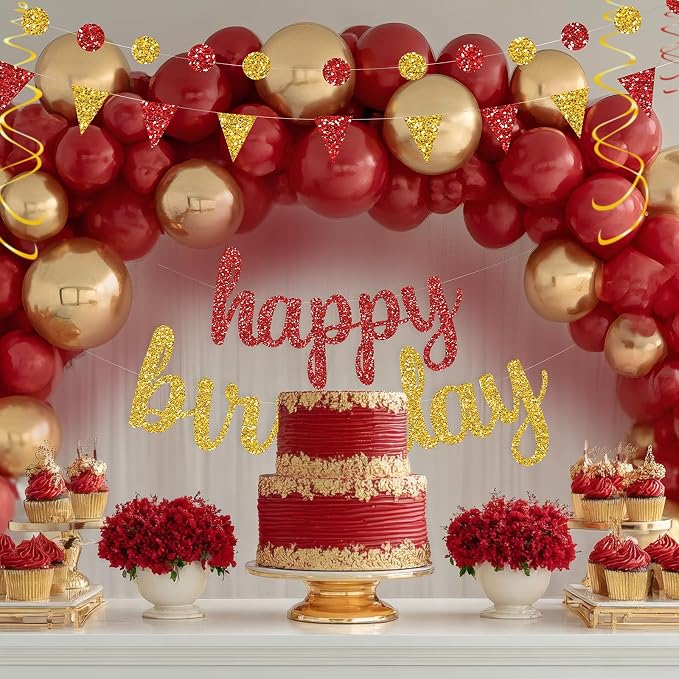 Red and Gold Birthday Party Decorations Set - Happy Birthday Banner Balloons Foil Curtains Hanging Swirls for Men Women Birthday Party Supplies
