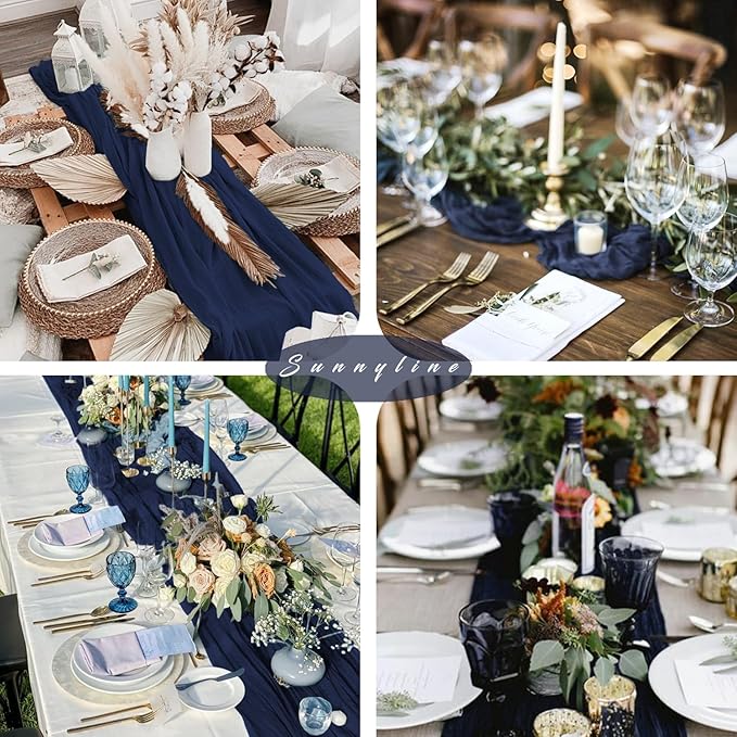 12 Pieces Navy Blue Cheesecloth Table Runners 10FT Gauze Fabric Runner for Tables Boho Table Runner Decoration Rustic Sheer Runner for Wedding Birthday Baby Bridal Shower Party (35 x 120 Inches Long)