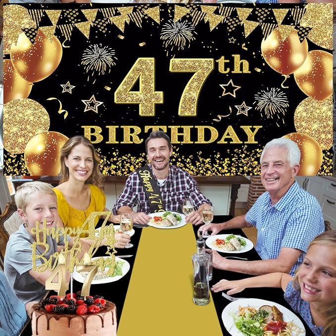 47th Birthday Decorations Men Women with 47th Birthday Banner, Black and Gold Table Cloth, Number Balloons, Large Sash, Cake Topper and Candles