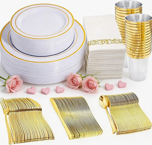 350 Pieces White and Gold Plastic Plates - 50 Guest Dinnerware Set Include 100 Plates, 50 Gold Plastic Silverware, 50 Paper Napkins and 50 Cups for Wedding/Baby Shower/Spring/Birthday/Mother's Day