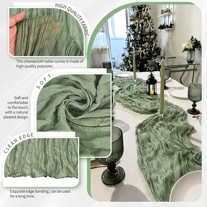 20 Pack Sage Green Cheesecloth Table Runner 10FT Boho Gauze Cheese Cloth Table Runners Romantic Rustic Sheer Table Decorations for Wedding Party Baby Shower Birthday Holiday Home