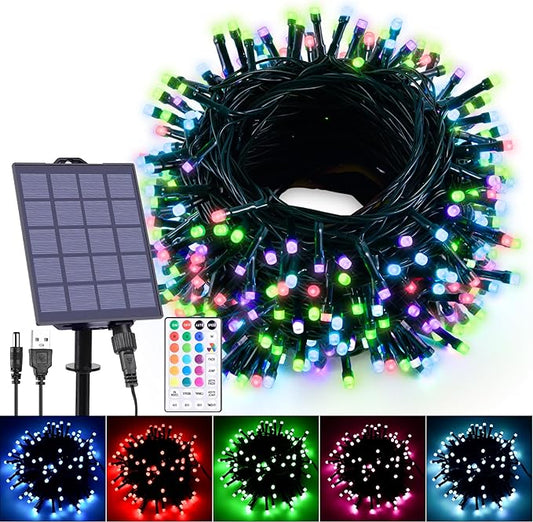 59Ft Solar String Lights Outdoor Waterproof, 18 Colors Changing 150 LED Christmas Lights Solar Powered & USB with Remote, Multicolor Fairy Lighting for Outside Tree Yard Indoor Halloween Decor