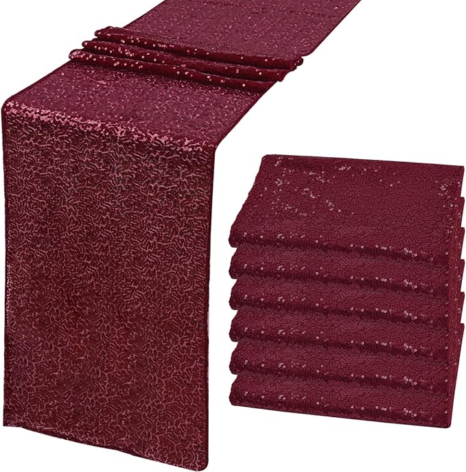 6 Pack Burgundy Red Valentine's Day Sequin Table Runner 12" x 72" Sparkle Table Runner for Baby Bridal Shower Wedding Birthday Party Table Decor (Burgundy)
