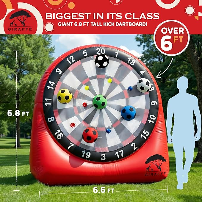 GIRAFFE Giant Inflatable Dartboard Yard Game Set, Big Blow Up Kick Giant Dart Board with Air Pump, Target Game, 6 Jumbo Lawn Games for Kids, Inflatable Games Outdoor, Family Activities, Carnival Party