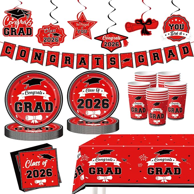 Leetous 2026 Graduation Party Decor Supplies Favors for Class, Red and Black Grad Plates Napkins Cups Tablecloth for College & High School, Disposable Tableware Accessories Kit Stuff for 25 Guests
