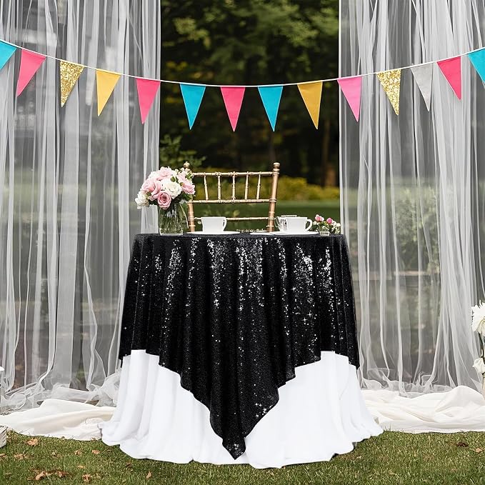 Poise3EHome Black Sequin Tablecloth 90×90 Inch Square Sequin Fabric Table Cover Overlay for Halloween Baby Shower Birthday Party Wedding Holiday Cake Table Decoration