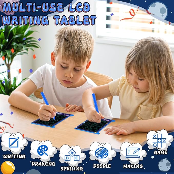 Nezyo 24 Pack Space Party Favors, 4.6'' Mini LCD Writing Tablet for Kids, Space Checked Board Drawing Tablet Erasable Reusable Electronic Drawing Pads for Birthday Party Supplies Gifts