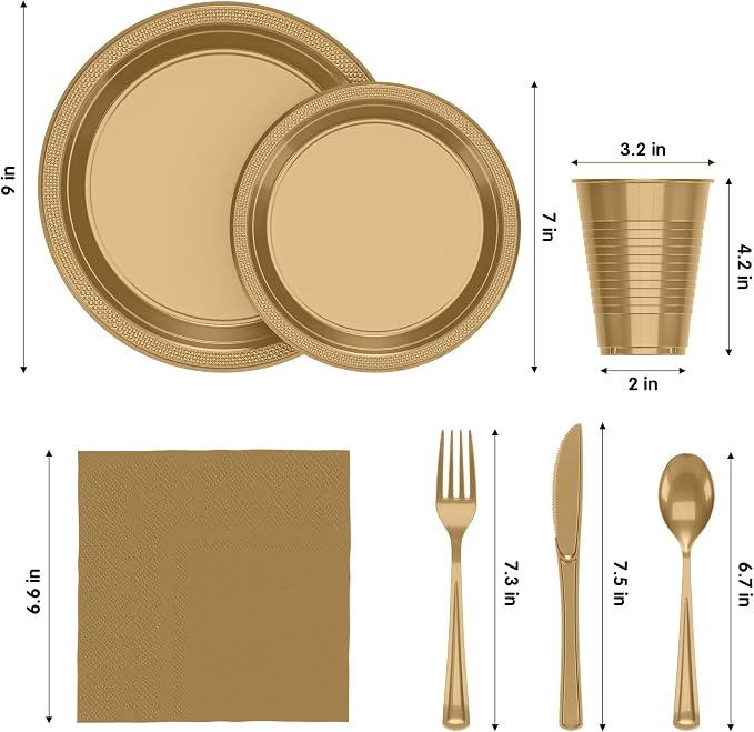 350 Pcs Gold Plastic Plates For Party, Gold Disposable Plates Set, 50 Of Each 9" Dinner Plate Set, 7" Dessert Plate, Cups, Napkins & Cutlery Plastic Dinnerware Set Exquisite