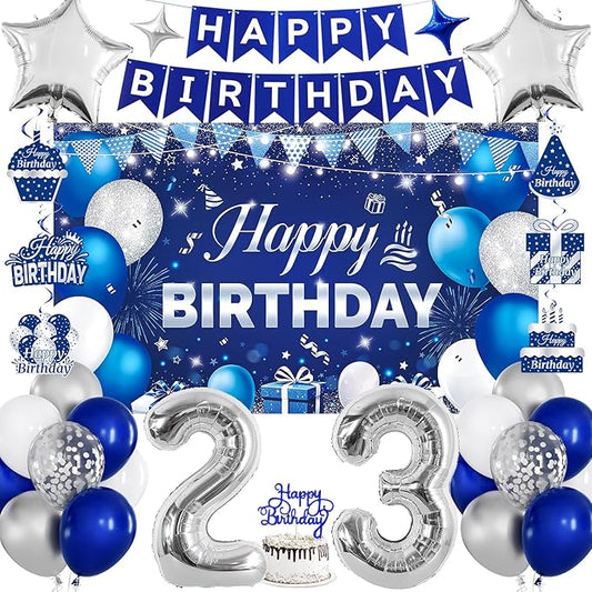 23rd Birthday Decorations for Men & Women, Navy Blue and Silver Happy 23rd Birthday Party Decorations with Number Balloons, Hanging Swirls, Cake Topper for 23 Years Old Party Supplies