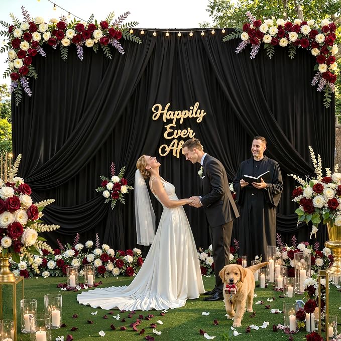 30ftx12ft Wrinkle Free Black Backdrop Curtain, 6 Panels 12FT Long Wedding Photo Backdrop Drapes, Silky Polyester Back Drop Cloth for Birthday Photography Background Party Backdrop Draping