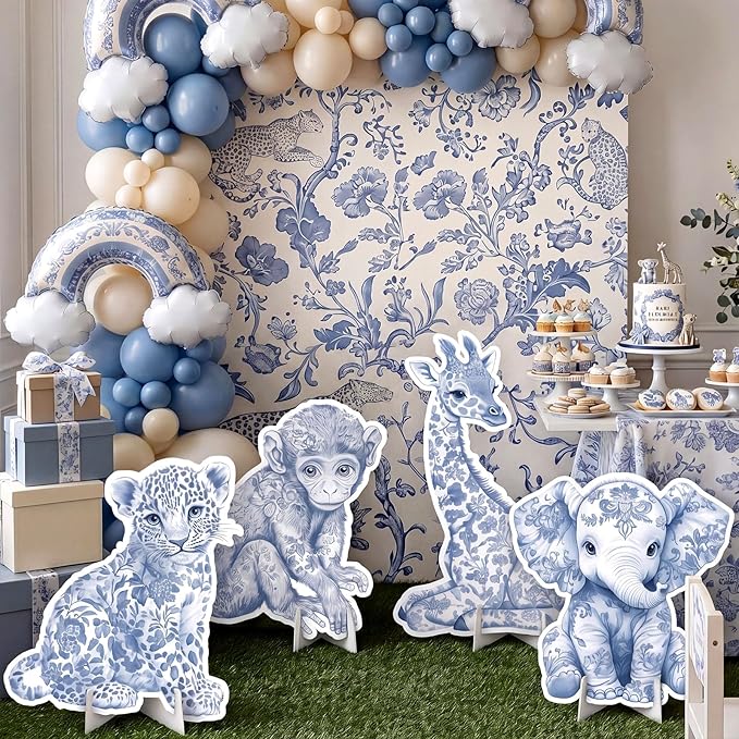 Honoson 4 Pcs 24.6" x 29.3" Large Blue Safari Toile De Jouy Baby Shower Decoration Cardboard Cutouts, Blue Floral Jungle Animal Yard Signs Standee for Wild One Birthday Party Supplies Gender Reveal