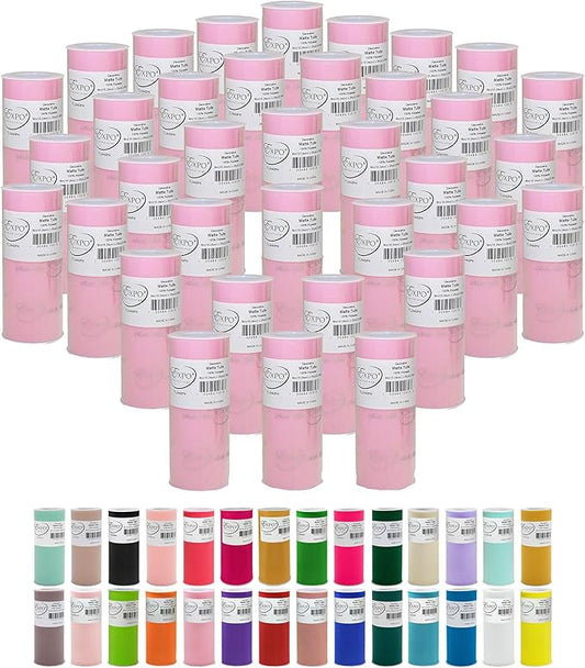 Expo International Decorative Matte Tulle, Lightweight Polyester Tulle Fabric for Tutus, Costumes, and Party Decorations, Washable, Easy-to-Use, 6 Inch x 25 Yards, Pink, Pack of 36