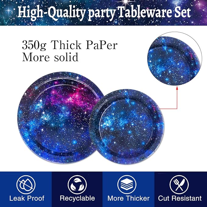 Space Galaxy Party Supplies Tableware Set Outer Space Birthday Party Decorations Starry Night Planet Solar System Paper Plates Napkins Forks for 24 Guests