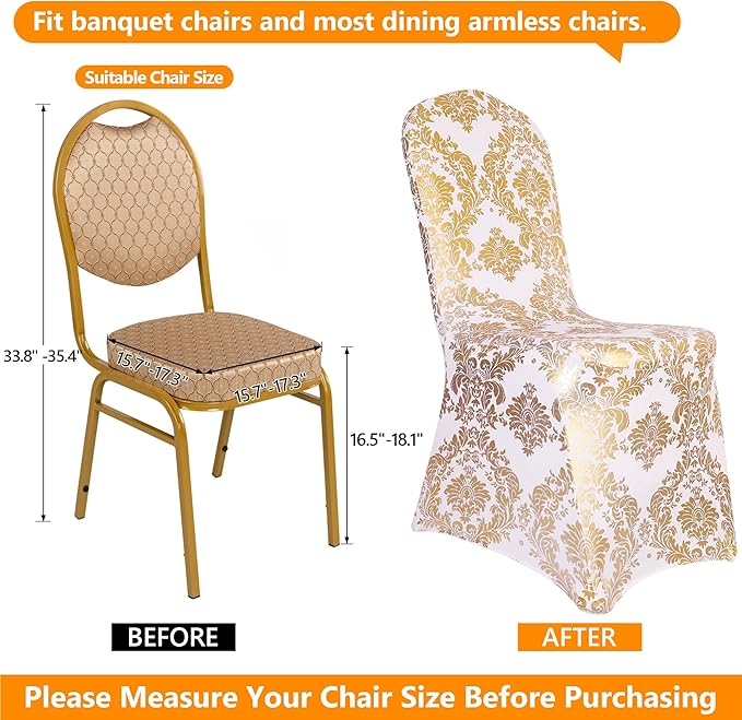 Pack of 1 Dining Chair Covers Bronzing Gold Flower Print Removable Washable Spandex Stretch Decorative Chair Slipcovers Set for Party Wedding Home Decorations - Gold+White