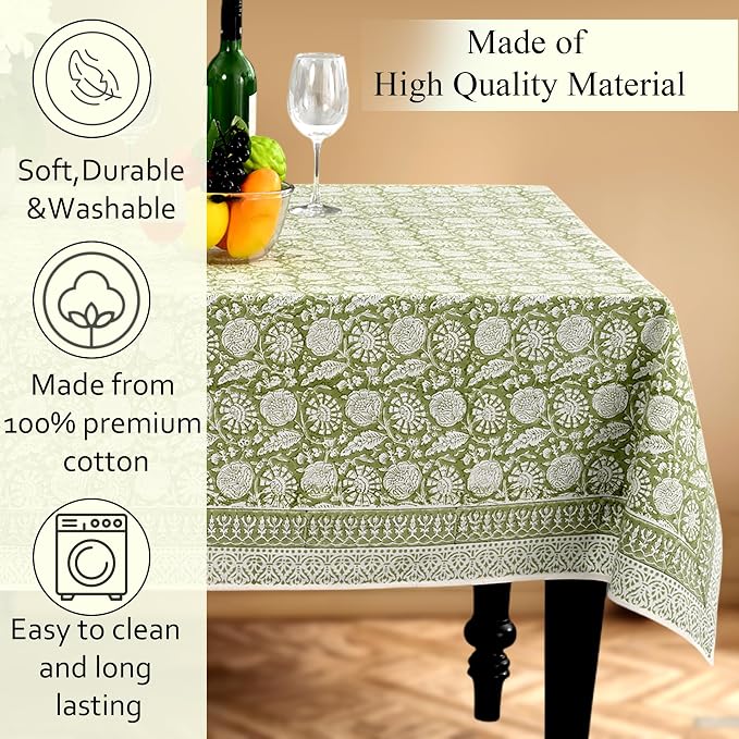 CPC Olive Bloom Tablecloth 100% Cotton 80x120 Inch Indian Block Print Rectangle Table Cover, Table Cloth for Gifting in Weddings, Halloween, Fall, Christmas, Thanksgiving