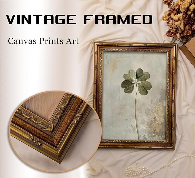 Vintage Gold Framed Vintage Plant Wall Art Four-leaf clover Canvas Wall Decor Retro Shamrocks Poster Print Artwork Patrick's Day painting Picture for Home Living Bedroom Farmhouse Hallway