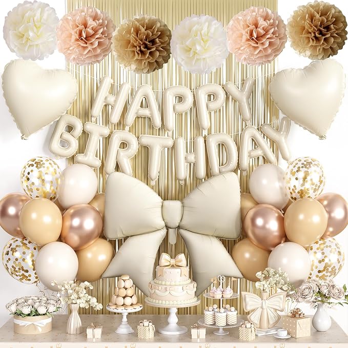 White Sand and Gold Birthday Decorations for Women Girls, Happy Birthday Balloon Banner with Bow and Heart Foil Balloons Fringe Curtain Tissue Paper Pompoms Garland Party Supplies