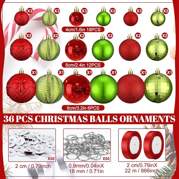 36 Pcs Christmas Balls Ornaments for Ceiling, 1.6'' 2.4'' 3.2'' Large Big Shatterproof Christmas Hanging Decorations Balls for Tree Xmas Holiday Party Indoor(Red, Emerald Green)