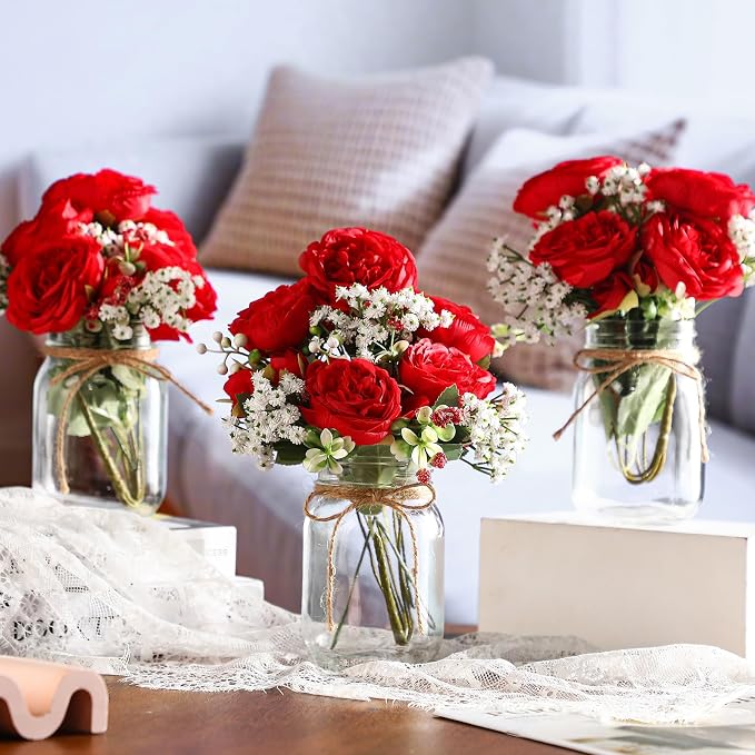 Zeyune 12 Sets Mason Jar Centerpiece Table Decorations, Artificial Peony Baby's Breath Flower Bouquets, Faux Flowers with Vase, Rustic Decor Gifts for Home, Wedding, Holiday (Red)