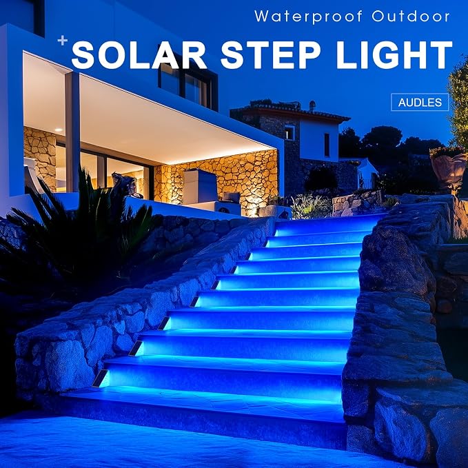 AUDLES 12 Pack Solar Stair Lights, Outdoor Step Lights with Waterproof IP67, Blue Color LED Solar Light for Outside Light Decor for Stair, Deck, Front Step, Front Porch, Patio and Backyard