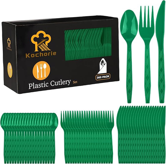 Kochorie 360 Pieces Dark Green Plastic Cutlery Set Disposable Plastic Utensils Heavy Duty Flatware Set Includes 120 Knives 120 Forks 120 Spoons for Birthday Graduation Party, Picnic