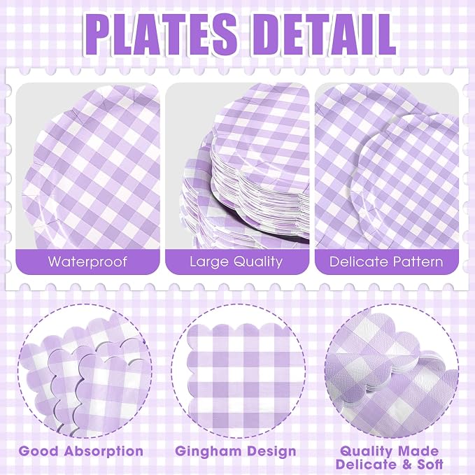 Funnymoom 400 Pcs Gingham Party Supplies for 50 Guests Purple and White Paper Plates and Napkins Knives Spoons Forks Cups Disposable Checkered Dinner Party Set Cutlery for Baby Shower Wedding Favor