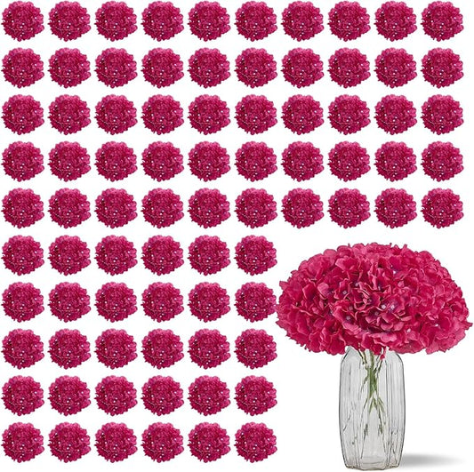 100 PCS Fushcia Hydrangea Artificial Flowers, Silk Full Flowers Heads with Stems for Wedding Centerpieces, Home, Garden, Baby Shower, Party Decoration