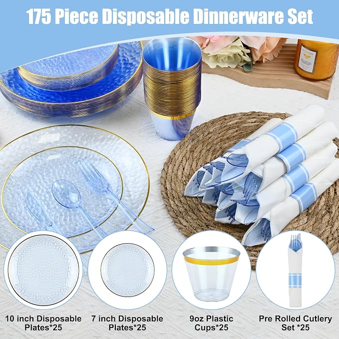 175pcs Blue Hammered Plastic Dinnerware Set for 25 Guests - Disposable Plastic Plates with Gold Rim, Heavy Duty 9oz Cups Pre-Rolled Napkins with Cutlery Ideal for Party