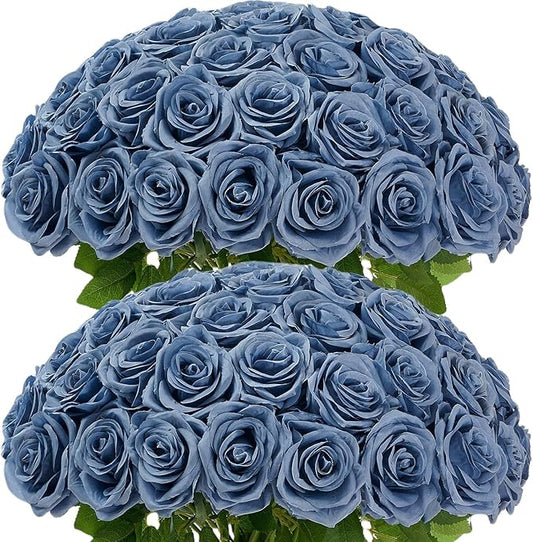 100 Pcs Fake Dusty Blue Roses, Artificial Blue Flowers Bulk Realistic Silk Faux Rose with Long Stems for Wedding Bridal Bouquet Anniversary Floral Arrangement Decor